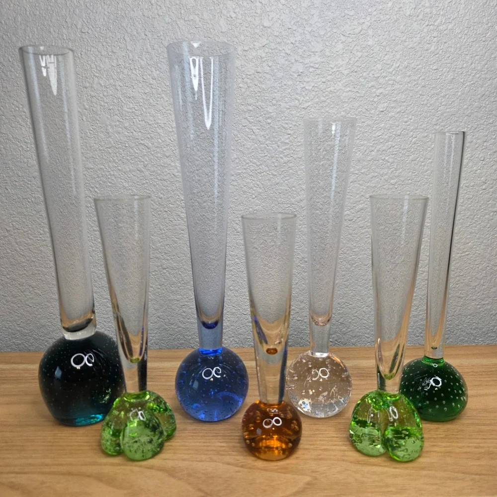 7 Controlled Bubble Base Hand Blown Art Glass Bud Vases Multicolor Mid Century